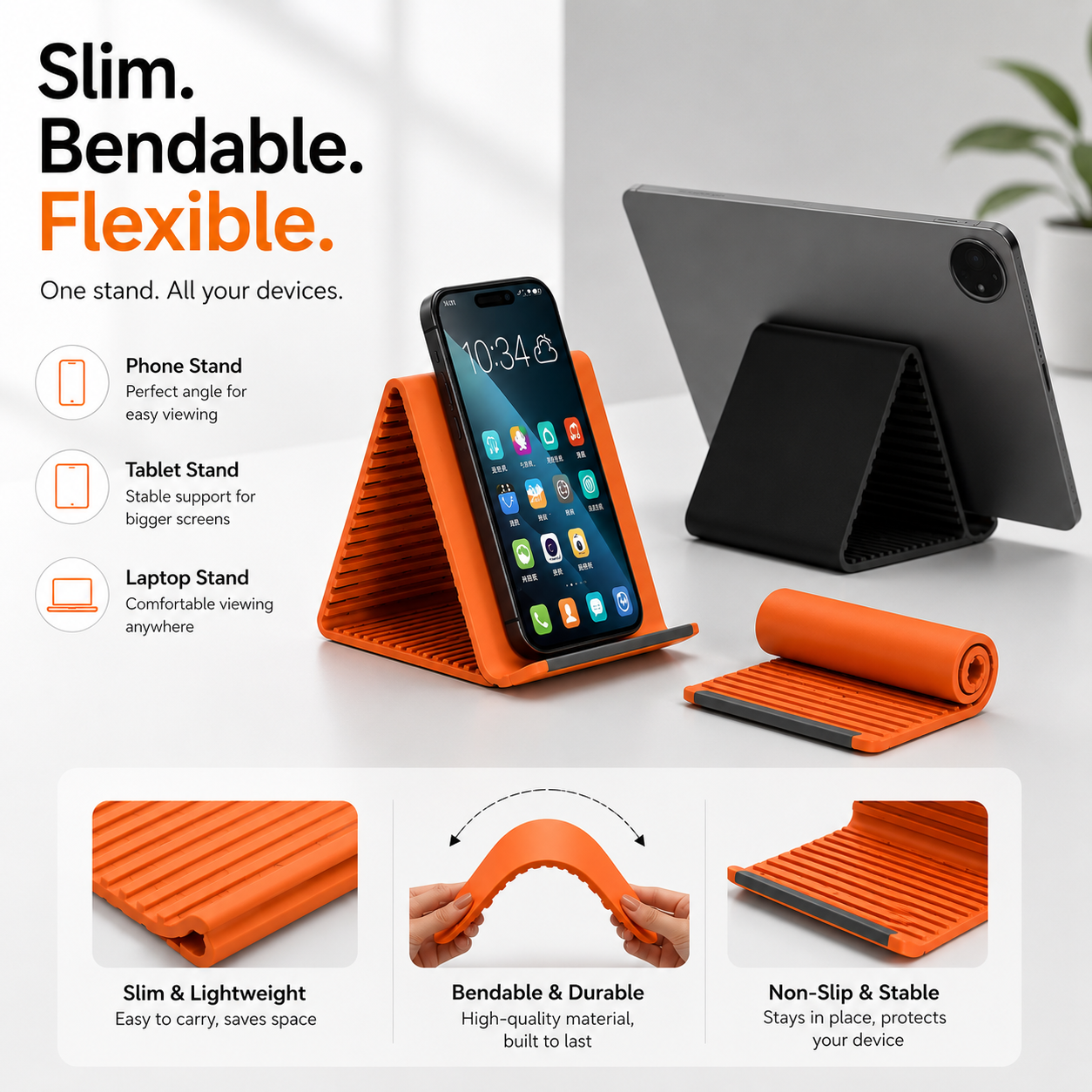 Flexible Silicone Device Stand for Phone, Tablet & Laptop | Ultra Slim, Portable & Non-Slip