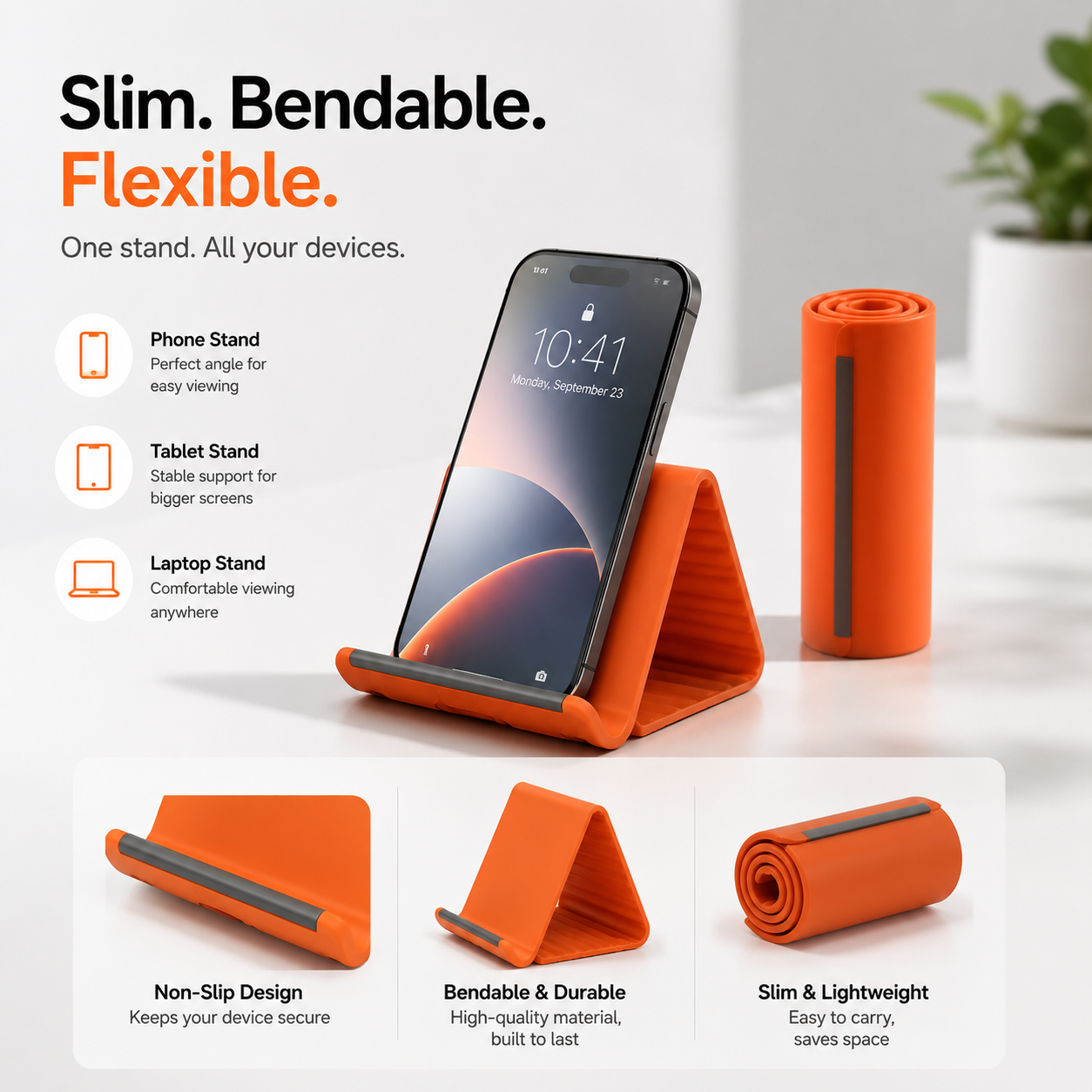 Flexible Silicone Device Stand for Phone, Tablet & Laptop | Ultra Slim, Portable & Non-Slip