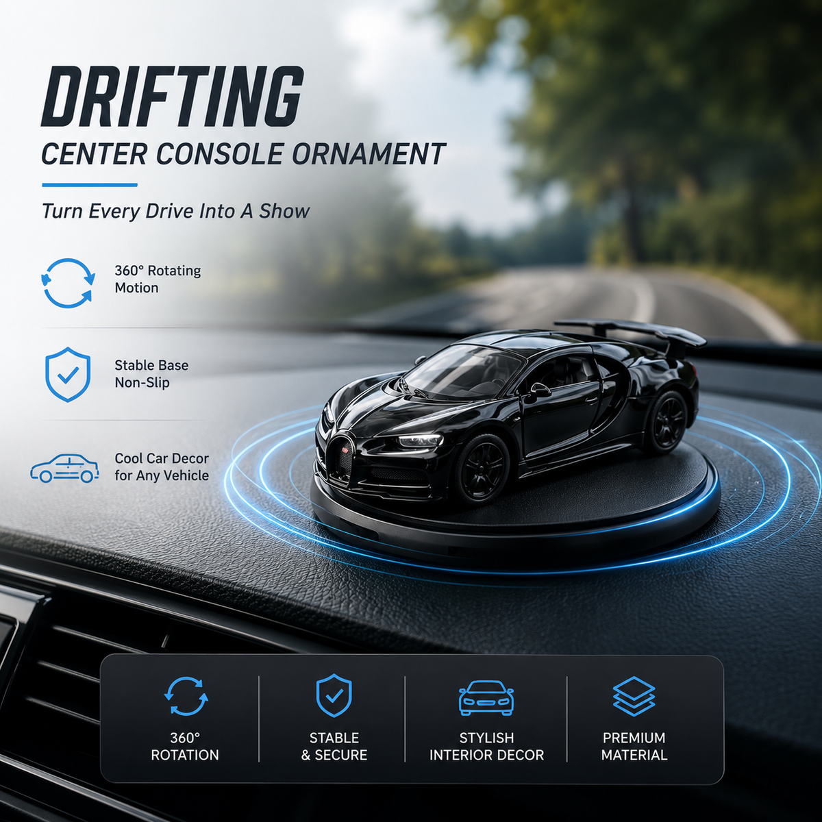 Premium Drifting Sports Car Dashboard Ornament – 360° Rotating Racing Car Interior Decor