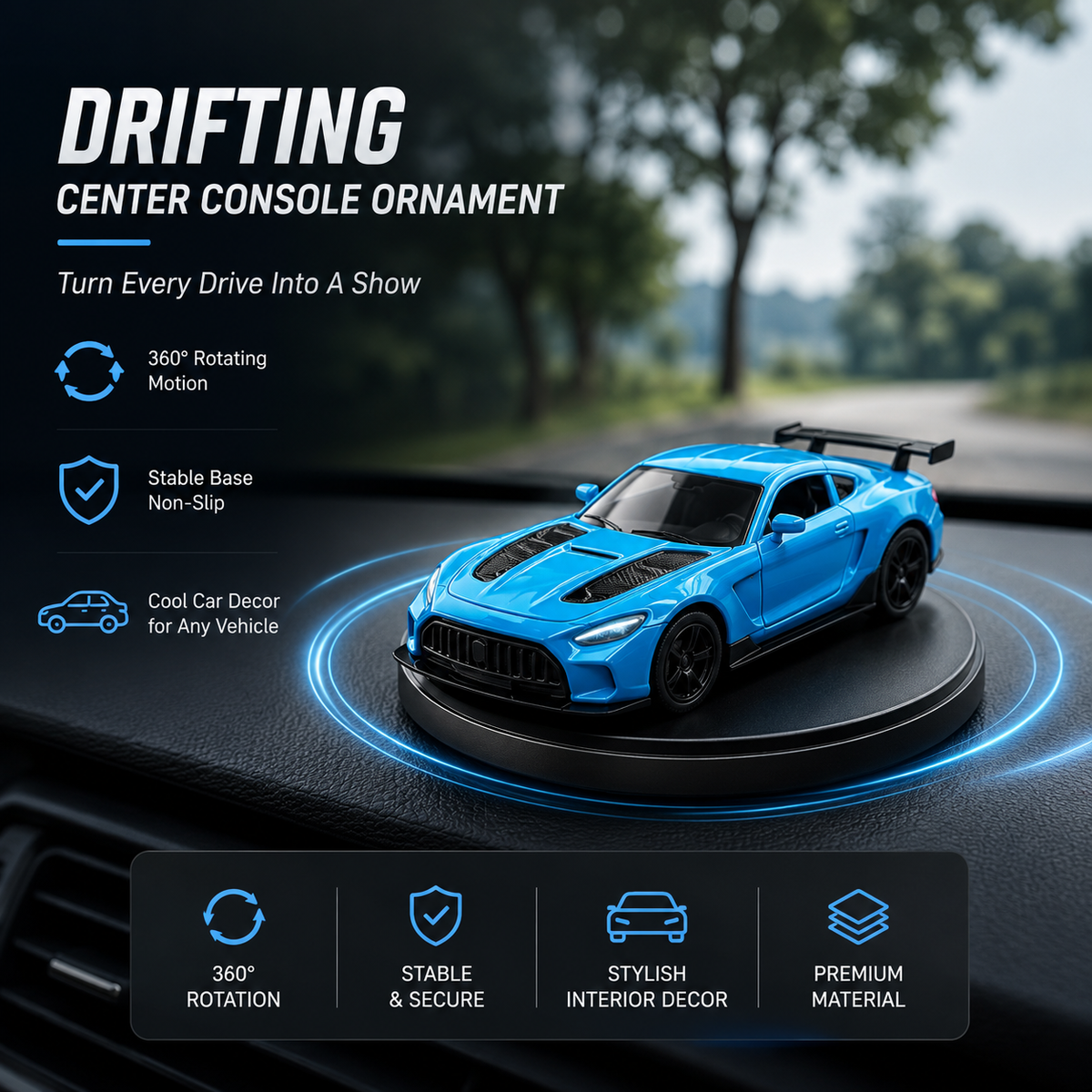 Premium Drifting Sports Car Dashboard Ornament – 360° Rotating Racing Car Interior Decor