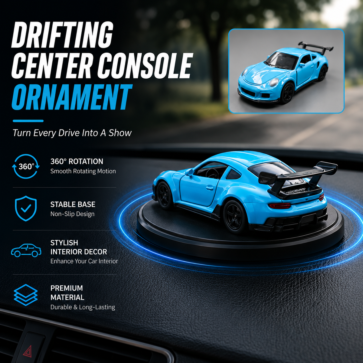Premium Drifting Sports Car Dashboard Ornament – 360° Rotating Racing Car Interior Decor