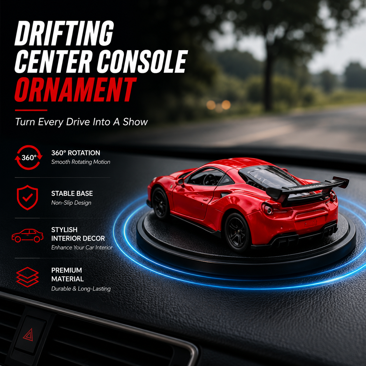 Premium Drifting Sports Car Dashboard Ornament – 360° Rotating Racing Car Interior Decor