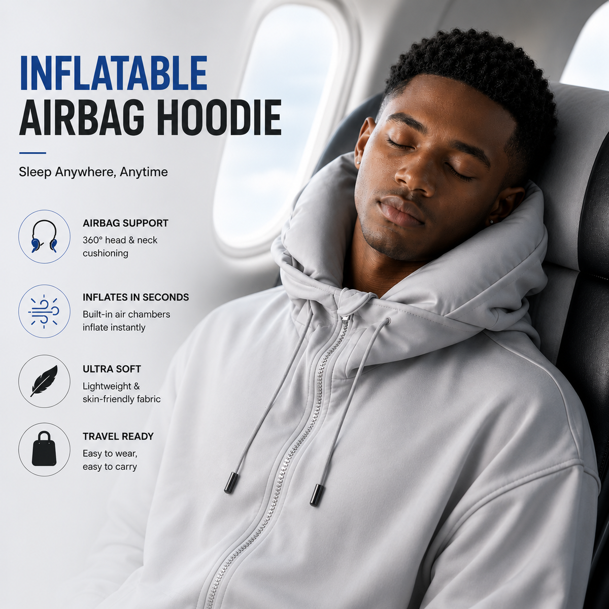 Travel Airbag Hoodie with Built-in Inflatable Neck Pillow – Unisex Zip-Up Fleece Jacket
