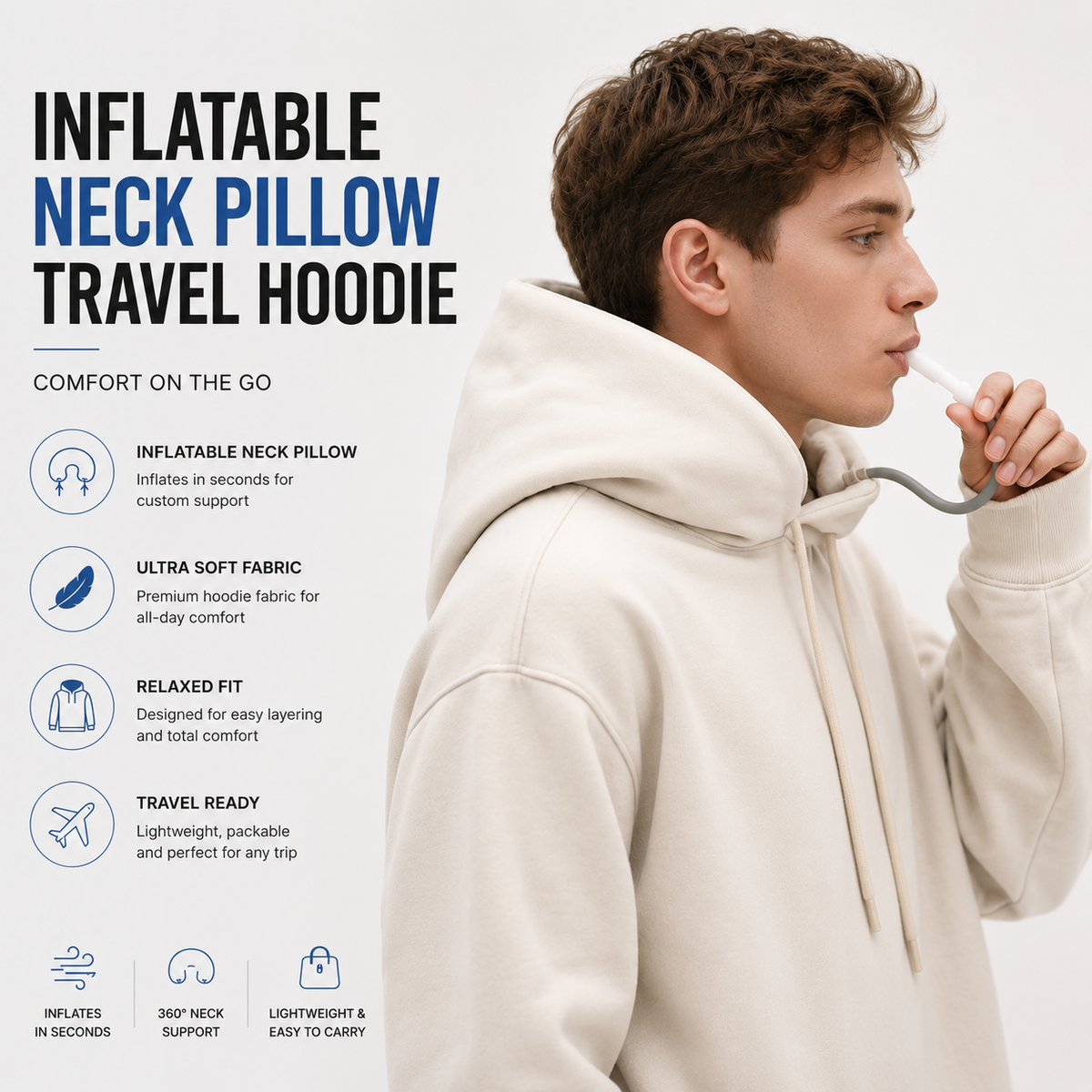 Travel Airbag Hoodie with Built-in Inflatable Neck Pillow – Unisex Zip-Up Fleece Jacket