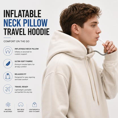 Travel Airbag Hoodie with Built-in Inflatable Neck Pillow – Unisex Zip-Up Fleece Jacket