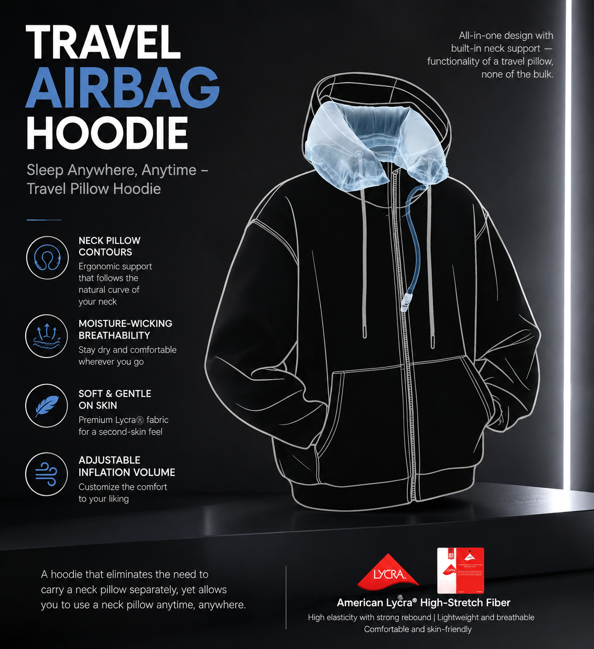 Travel Airbag Hoodie with Built-in Inflatable Neck Pillow – Unisex Zip-Up Fleece Jacket